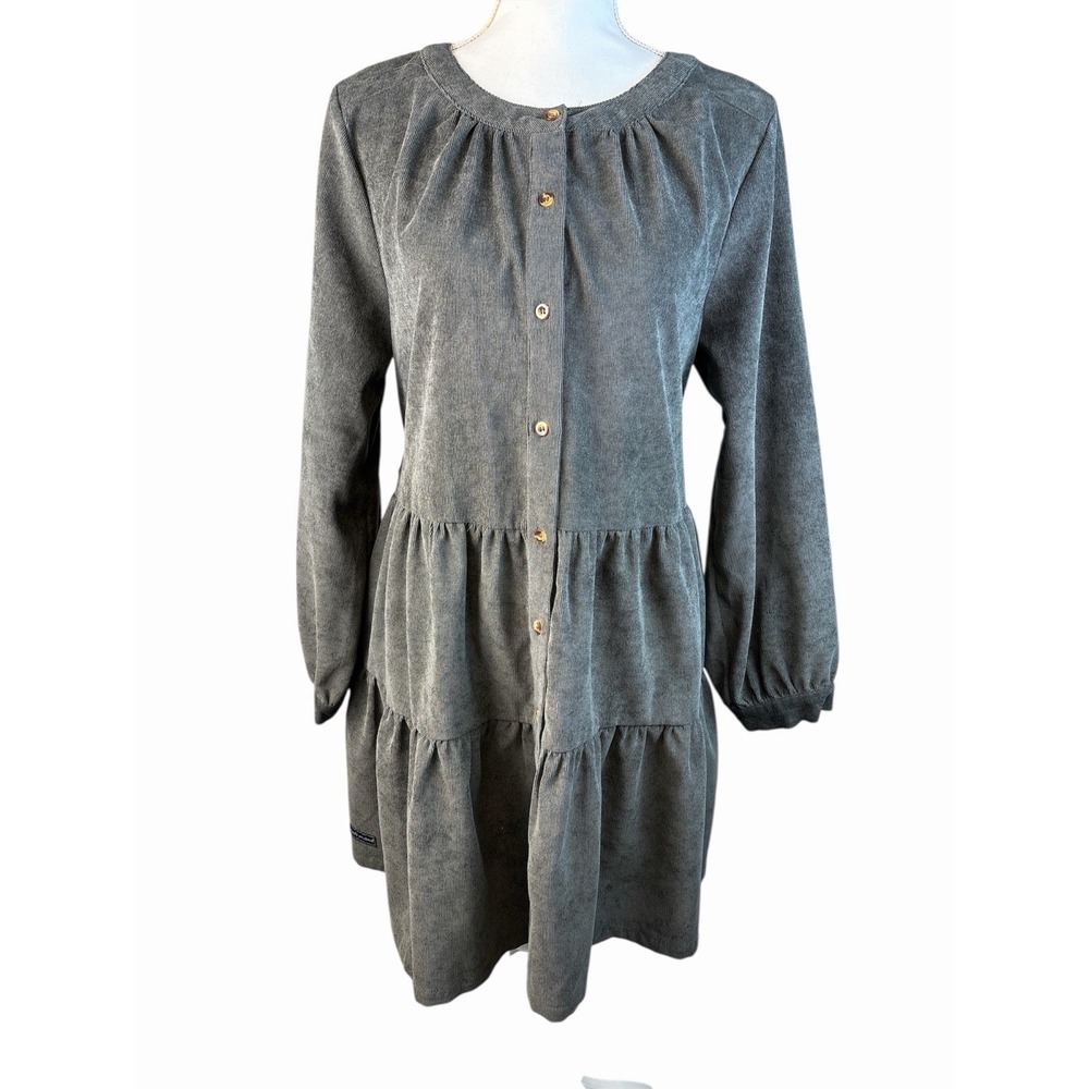 Simply Southern Dress Dark Grey Corduroy Button Front Size L (e9)